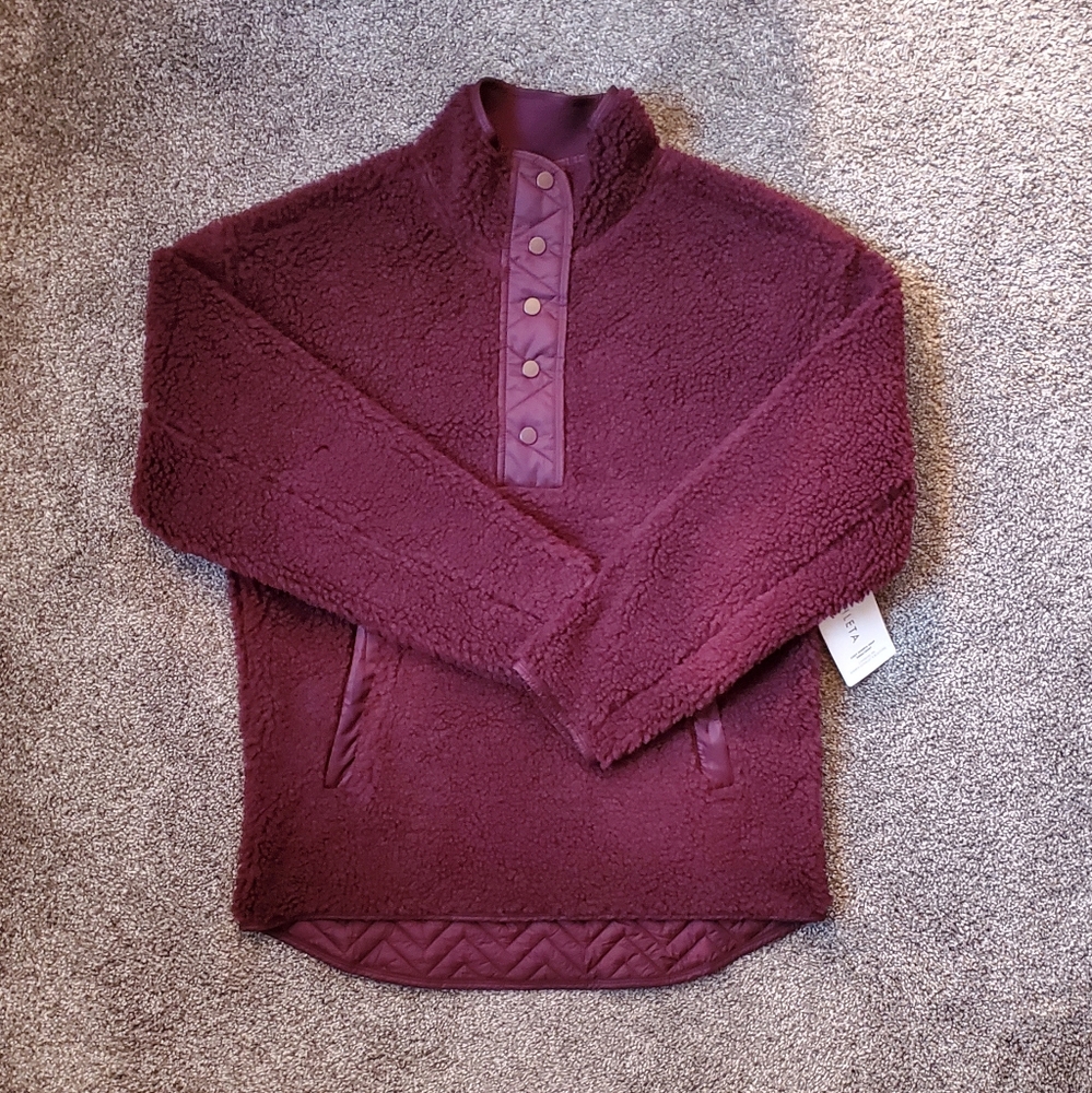 Athleta Cozy Sherpa Snap Pullover Sweater Sweatshirt NWT in maroon